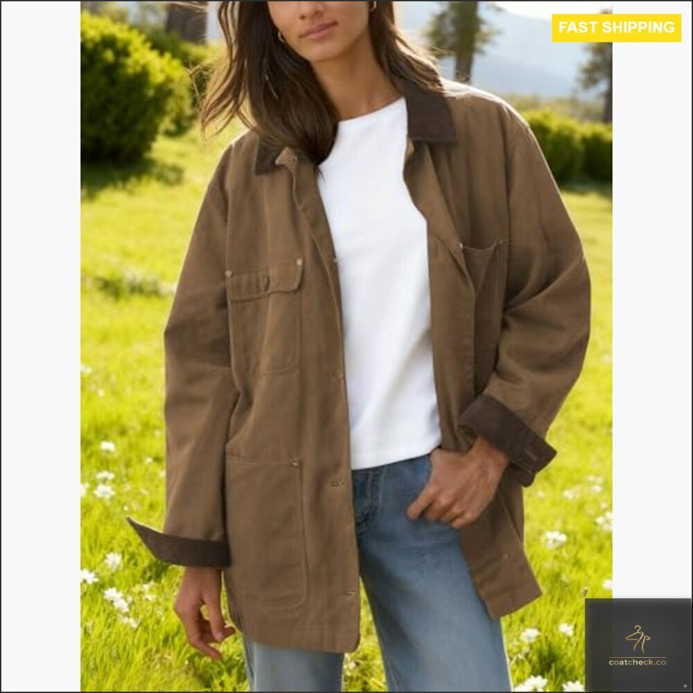 Oversized Utility Barn Jacket with Corduroy Collar and Pockets - Picture 4 of 7